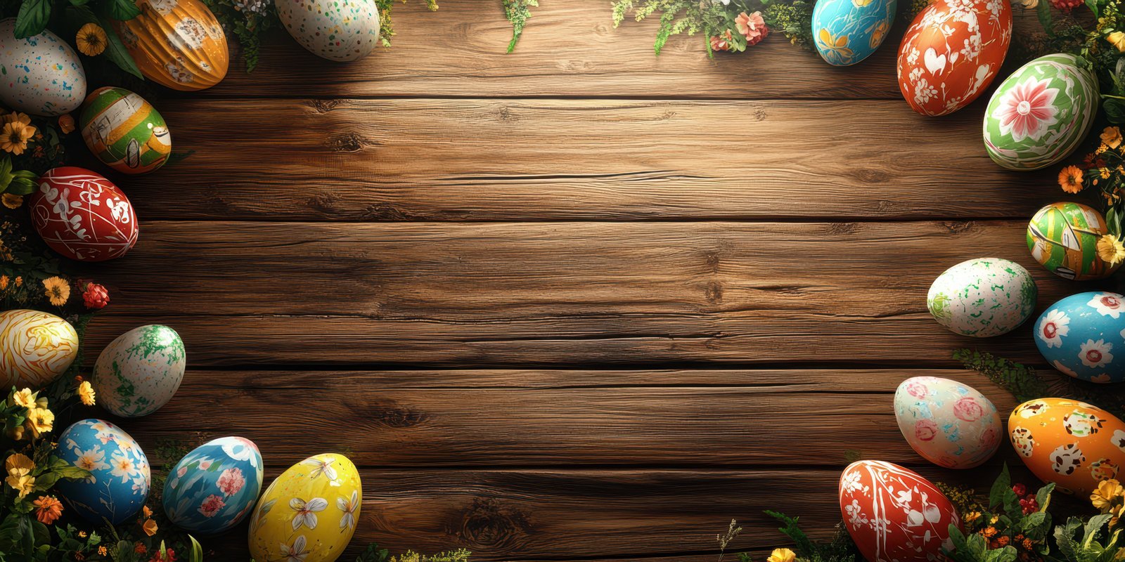 Colorful decorated Easter eggs arranged on wooden surface with flowers and leaves during springtime celebration